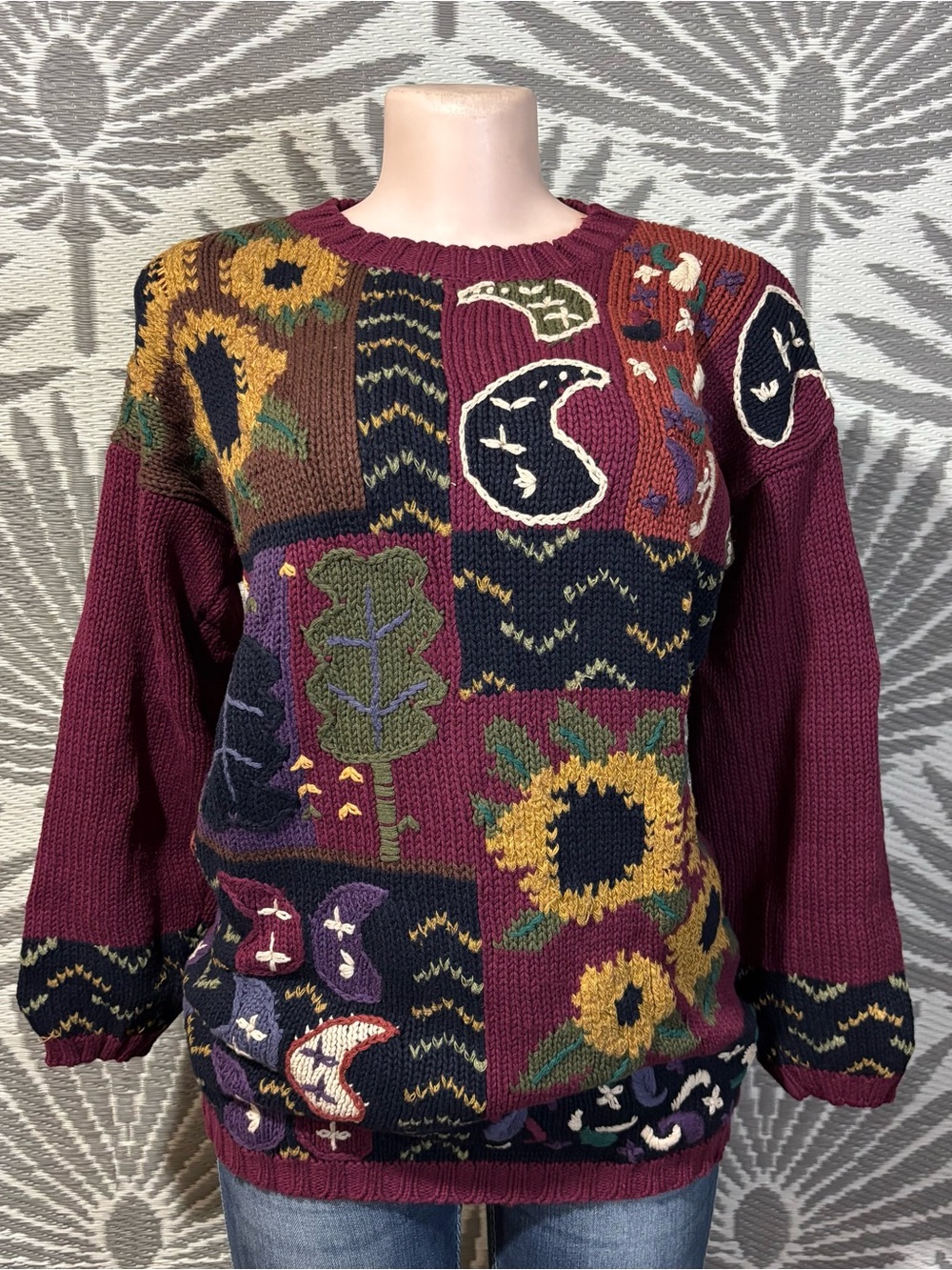 Vintage 90s White Stag Sunflower Paisley Sweater Burgundy Size S Cottagecore